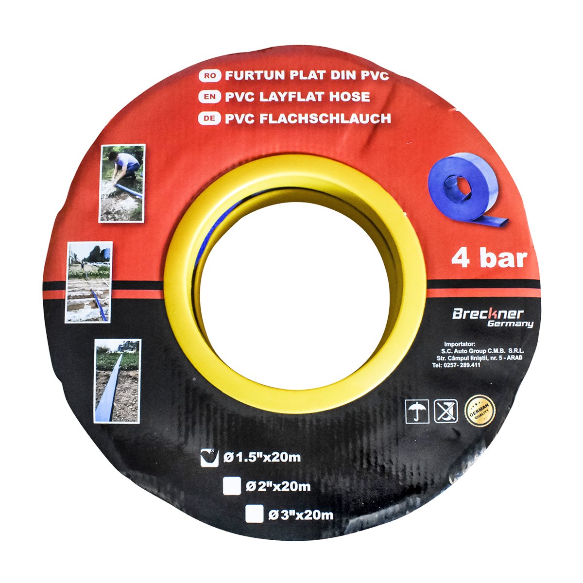 Furtun plat, siliconat pentru irigat din PVC 1.5 toli lungime 20m Breckner Germany